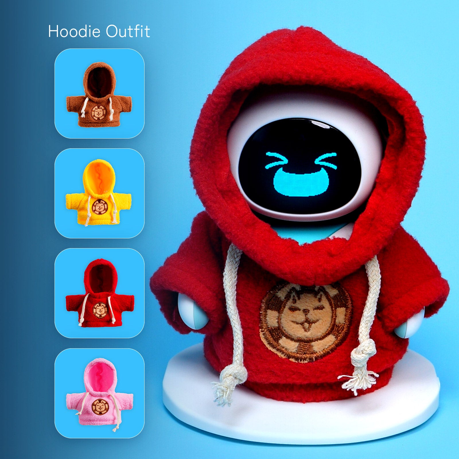 Eilik wearing red hoodie with 4 hoodie colour options